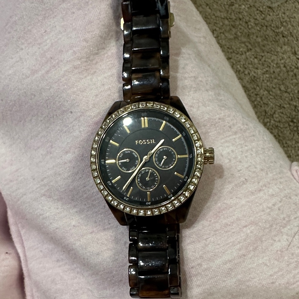 Fossil Dark Brown and Black Watch with Crystal Bezel